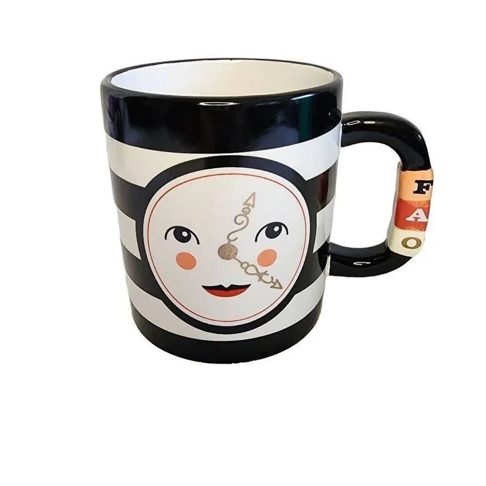 FAO Schwarz Coffee Mugs, Clock Face & Stripes Ceramic Drinking Cup